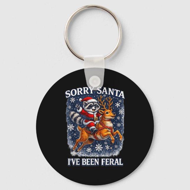 Funny Raccoon Riding Reindeer Sorry Santa Christma Keychain (Front)
