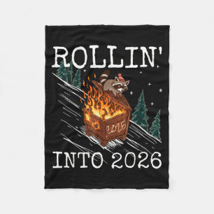 Funny Raccoon Rolling Into 2026 Retro New Year 202 Fleece Blanket
