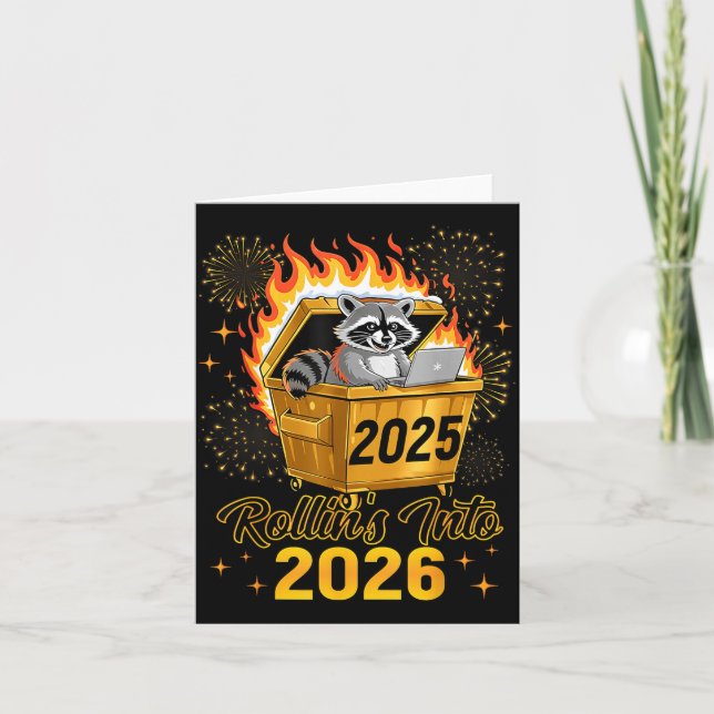 Funny Raccoon Rollin's Into 2026 New Year Matching Card (Front)