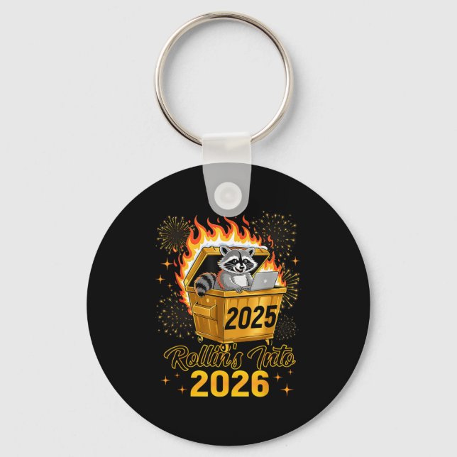 Funny Raccoon Rollin's Into 2026 New Year Matching Keychain (Front)