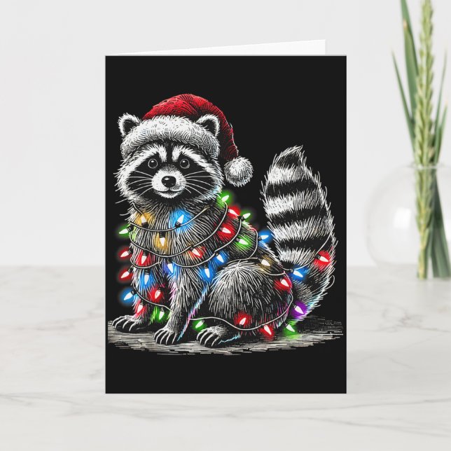 Funny Raccoon Santa Hat Christmas Tree Lights Paja Card (Front)