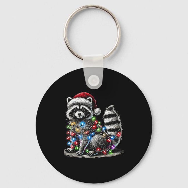Funny Raccoon Santa Hat Christmas Tree Lights Paja Keychain (Front)