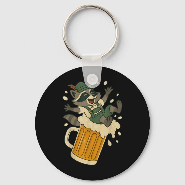 Funny Raccoon Sliding Down A Giant Beer Mug Foam  Keychain (Front)