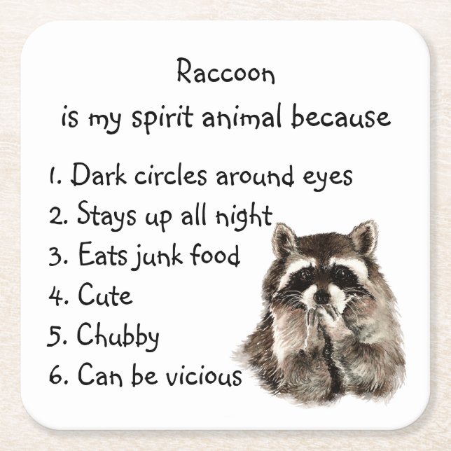 Funny Raccoon Spirit Animal Humour Square Paper Coaster (Front)