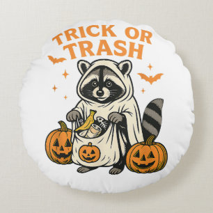 Funny Raccoon Trick or Trash Halloween Round Pillow