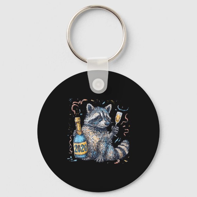 Funny Raccoon With Champagne Disco Ball New Years  Keychain (Front)