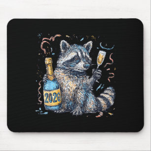 Funny Raccoon With Champagne Disco Ball New Years Mouse Pad