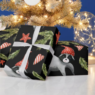 Funny Raccoons Black   Noel Tree Wrapping Paper