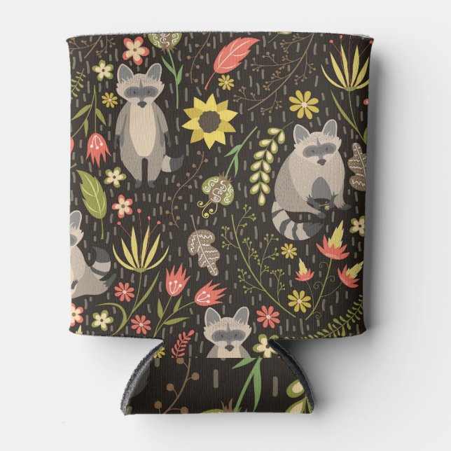 Funny Raccoons Vintage Illustration Pattern Can Cooler (Front)