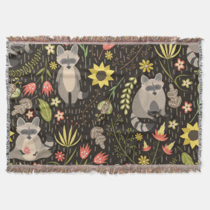 Funny Raccoons Vintage Illustration Pattern Throw Blanket