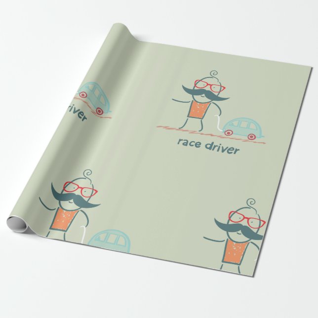 Funny Race Driver Moustache Character Wrapping Paper (Unrolled)
