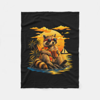 Funny racoon coffee sunglasses hawaiian sunset fleece blanket