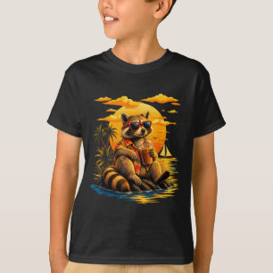 Funny racoon coffee sunglasses hawaiian sunset T-Shirt