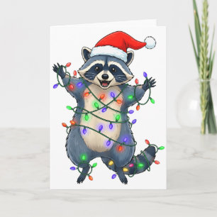 Funny Racoon Santa Hat Christmas Tree Lights Xmas Card