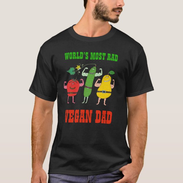 Funny RAD VEGAN DAD Vegetables Flexing Muscles T-Shirt (Front)
