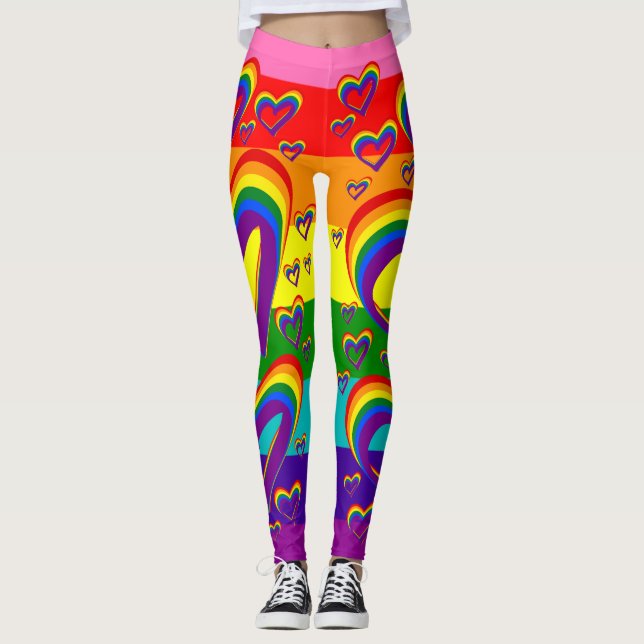 Funny Rainbow Hearts Pattern Cute LGBTQ Gay Pride Leggings (Front)
