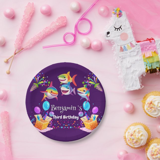 Funny rainbow shark birthday balloon party boys paper plate (Party)