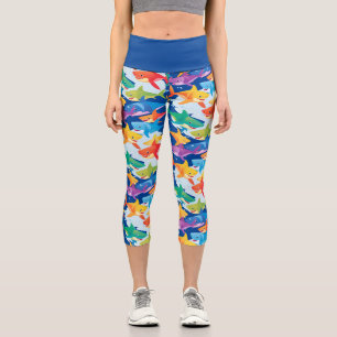 Funny rainbow shark birthday balloon party Family Capri Leggings