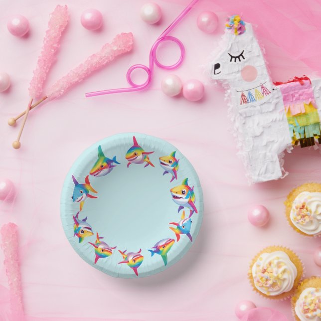 Funny rainbow shark birthday party Pattern Kids  Paper Plate (Party)