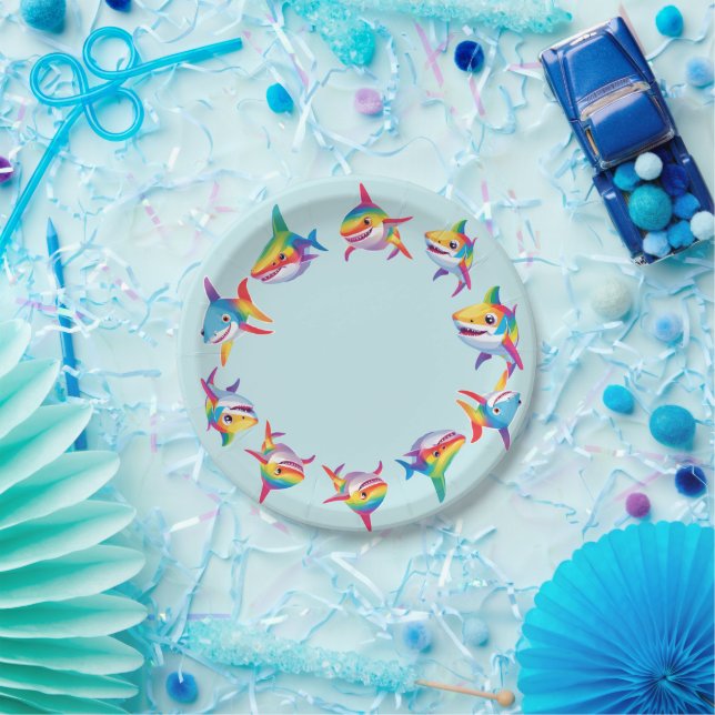 Funny rainbow shark birthday party Pattern Kids  Paper Plate (Party)