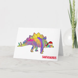 Funny Rainbow Stegosaurus Santa Christmas Dinosaur Card