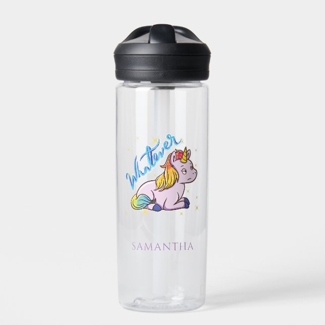 Funny Rainbow Unicorn Whatever Personalized Water Bottle (Front)