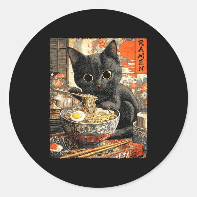 Funny Ramen Cat Noodle Lovers Anime Otaku  Classic Round Sticker (Front)