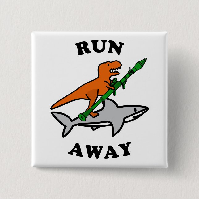 Funny Raptor with Rocket Launcher Riding a Shark 2 Inch Square Button (Front)