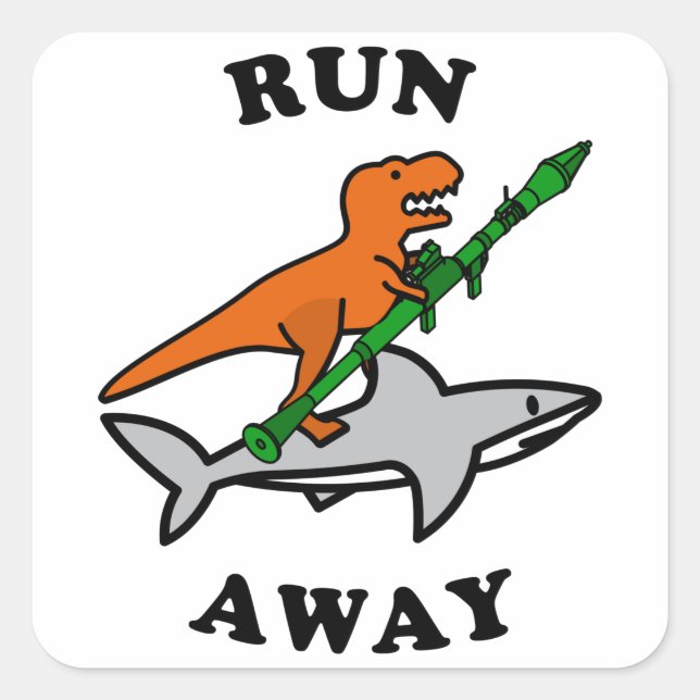Funny Raptor with Rocket Launcher Riding a Shark Square Sticker (Front)