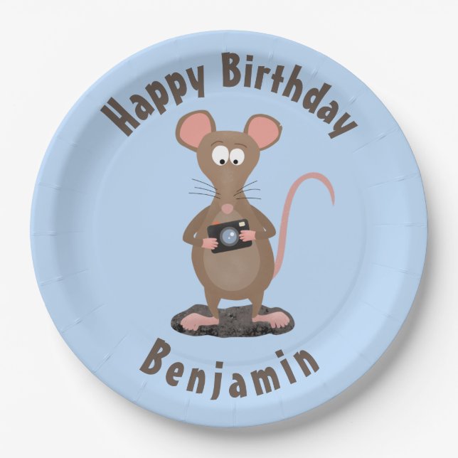 Funny rat and camera personalized birthday paper plate (Front)