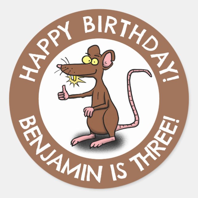Funny rat thumbs up personalized cartoon birthday classic round sticker (Front)