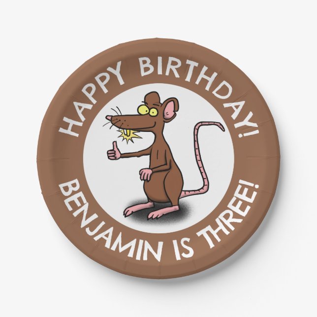 Funny rat thumbs up personalized cartoon birthday paper plate (Front)