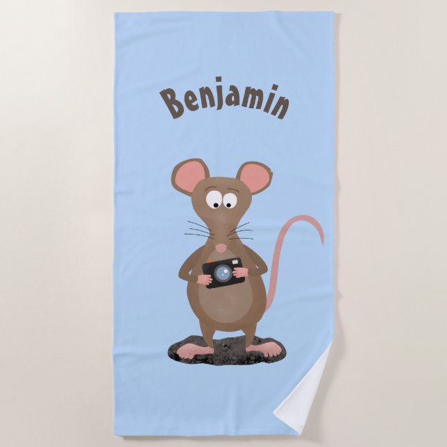 Funny rat with camera cartoon illustration beach towel (Front)