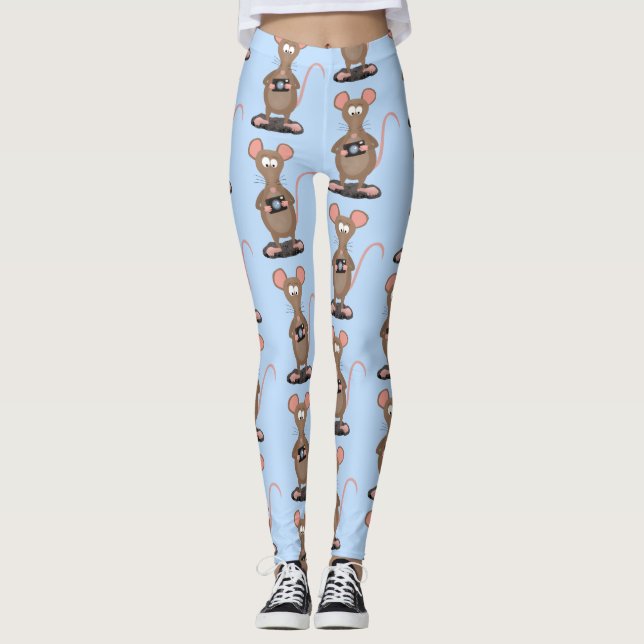 Funny rat with camera cartoon illustration leggings (Front)