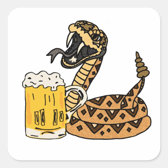 Funny Rattlesnake Drinking Beer Square Sticker (Front)