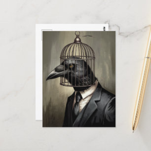 Funny Raven in a Business Suit With a Cage Head Postcard