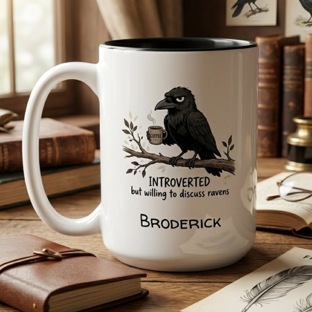 Funny Raven Lover Gift Introvert Grumpy Bird Art Two-Tone Coffee Mug (Funny raven lover coffee mug)
