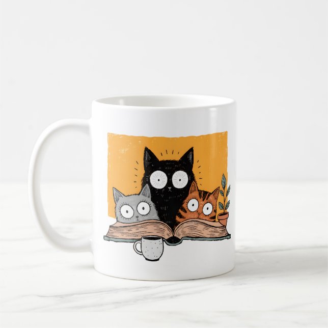 Funny Reading Cats Illustration Coffee Mug (Left)