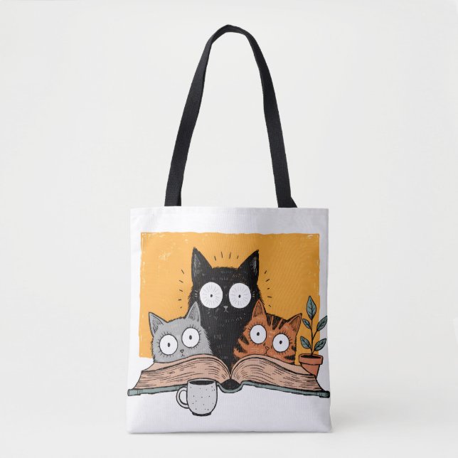 Funny Reading Cats Illustration Tote Bag (Front)