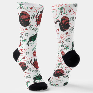 Funny Red and White Peace & Love Kitten Christmas Socks