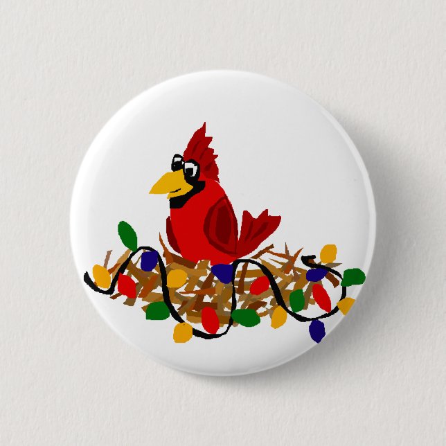 Funny Red Cardinal in Nest with Christmas Lights 2 Inch Round Button (Front)
