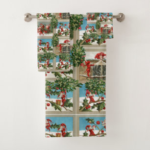 FUNNY RED CHRISTMAS ELVES,HOLLYBERRIES,MISTLETOES BATH TOWEL SET