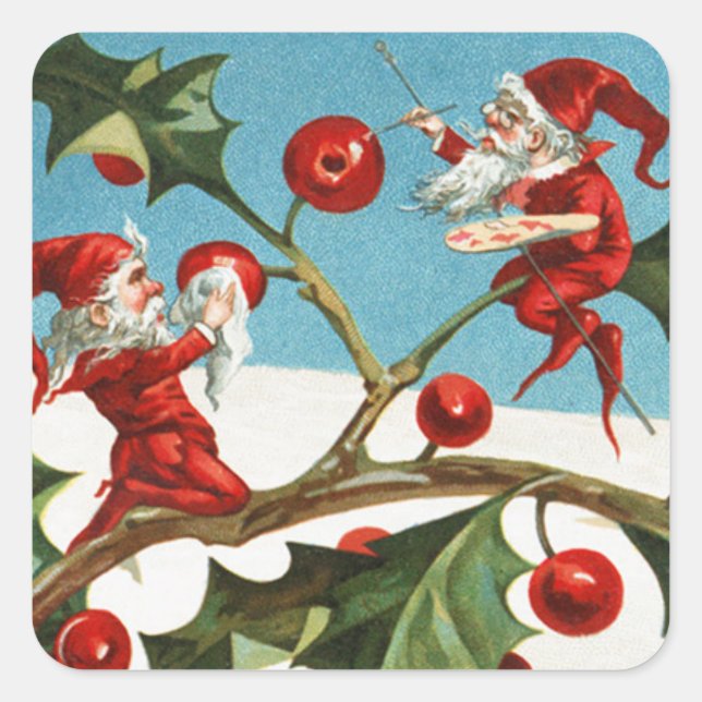 FUNNY RED CHRISTMAS ELVES PAINTING HOLLYBERRIES SQUARE STICKER (Front)