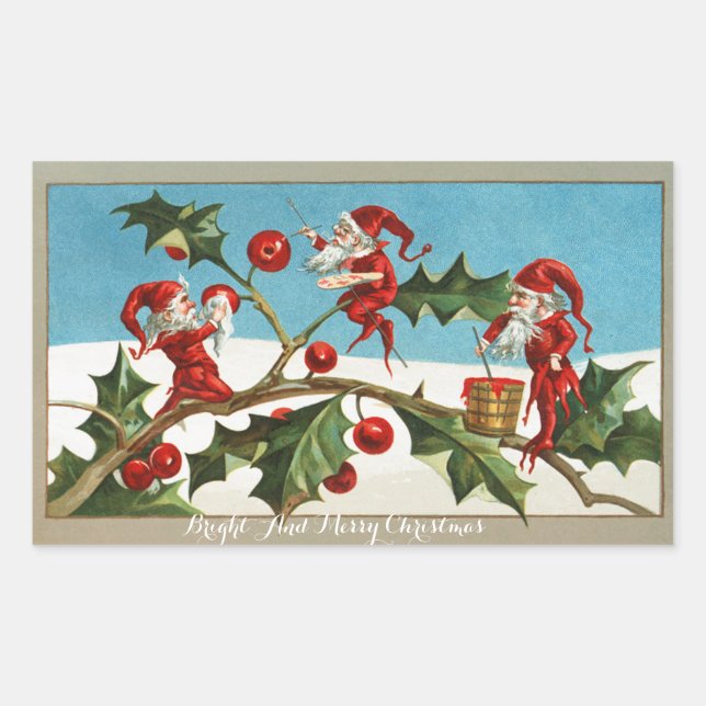 FUNNY RED CHRISTMAS ELVES PAINTING HOLLYBERRIES STICKER (Front)