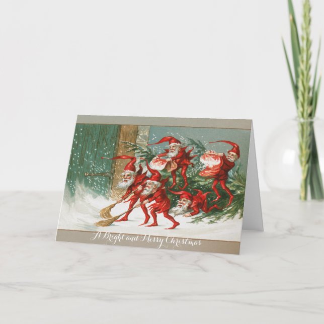 FUNNY RED CHRISTMAS ELVES SWEEPING IN THE SNOW HOLIDAY CARD (Front)