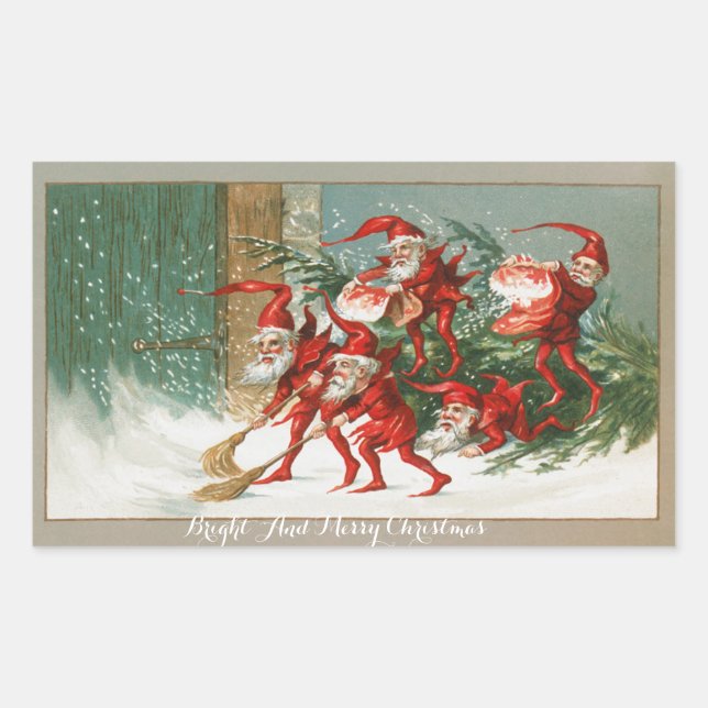 FUNNY RED CHRISTMAS ELVES SWEEPING IN THE SNOW STICKER (Front)