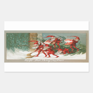 FUNNY RED CHRISTMAS ELVES SWEEPING IN THE SNOW STICKER