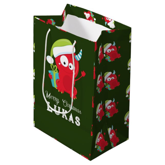Funny Red Christmas Monster Kids Holiday Medium Gift Bag (Front Angled)