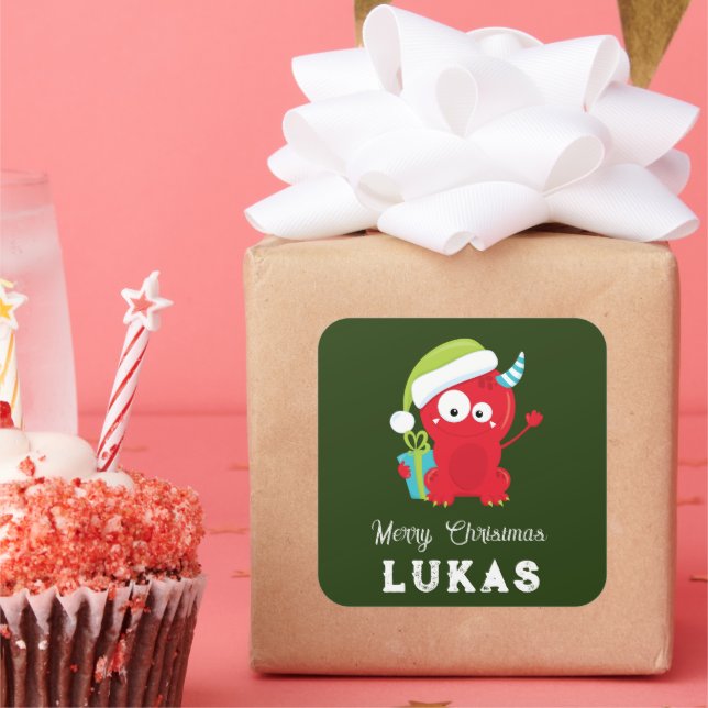 Funny Red Christmas Monster Kids Holiday Square Sticker (Party)