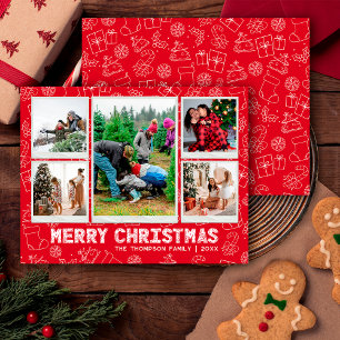 Funny Red Doodle Christmas 5 Photo Holiday Card
